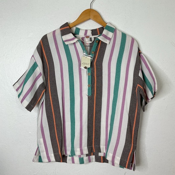 Free People Soleil Time Endless Summer Striped Cotton Polo Size XS NWT $68 - Picture 3 of 10